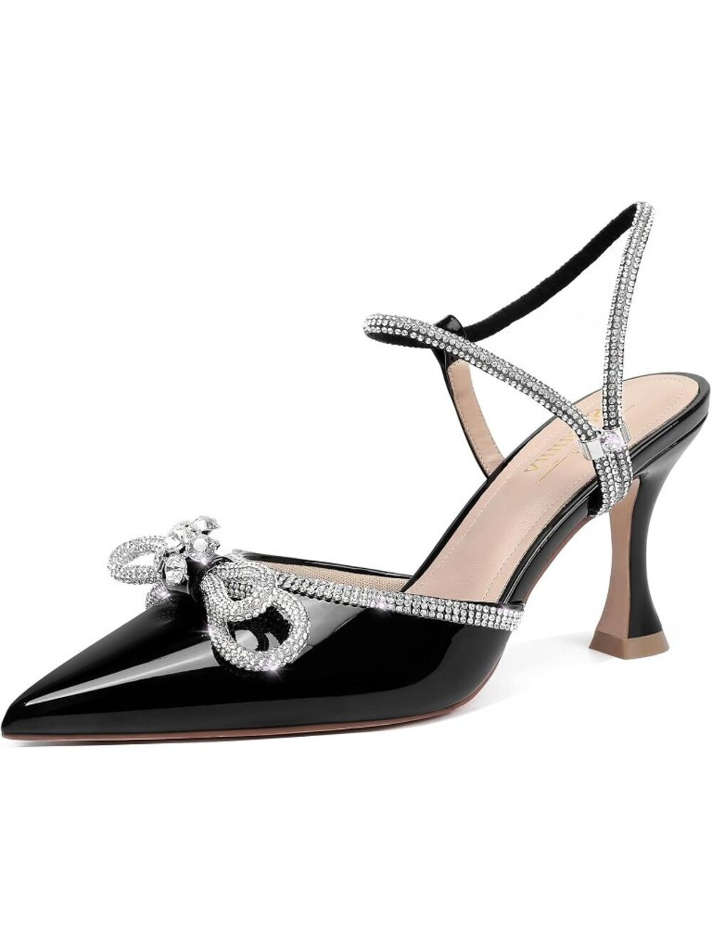 Women's Patent Black Closed Toe Rhinestone Low Slingback Shoes Kitten Heels